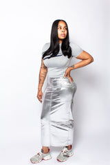 Long silver metallic skirt